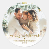 Elegant Gold Script Family Photo Merry Christmas  Runder Aufkleber (Vorderseite)