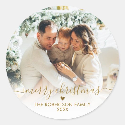 Elegant Gold Script Family Photo Merry Christmas Runder Aufkleber (Vorderseite)