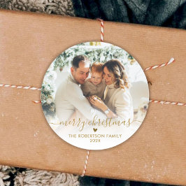 Elegant Gold Script Family Photo Merry Christmas  Runder Aufkleber