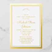 Elegant Gold Script First Communion Folieneinladung (Vorderseite)