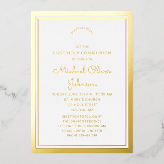 Elegant Gold Script First Communion Folieneinladung (Vorderseite)