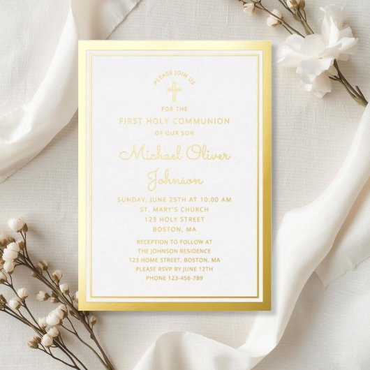 Elegant Gold Script First Communion Folieneinladung