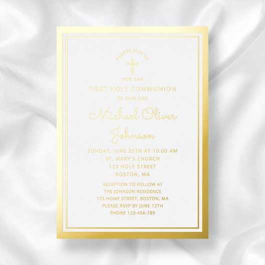 Elegant Gold Script First Communion Folieneinladung