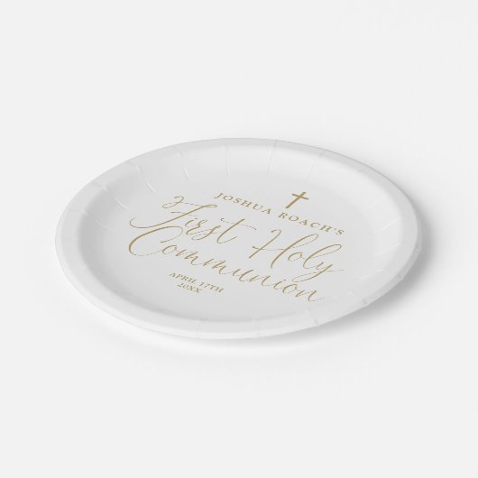 Elegant Gold Script First Holy Communion Pappteller (Schrägansicht)