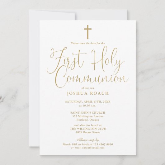 Elegant Gold Script First Holy Communion Save The Date (Vorderseite)