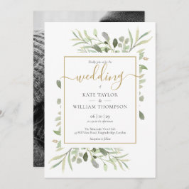 Elegant Gold Script Greenerity Blätter Foto Weddin Einladung