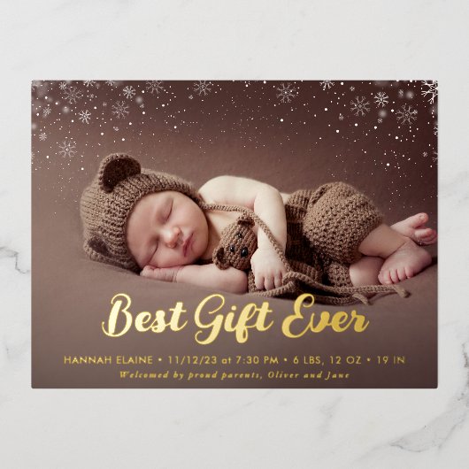 elegant gold script holiday birth announcement folien feiertagspostkarte (Vorderseite)