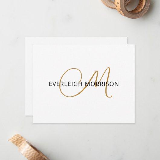 Elegant Gold Script Initial Black Name Monogram Mitteilungskarte (Vorderseite/Rückseite Beispiel)