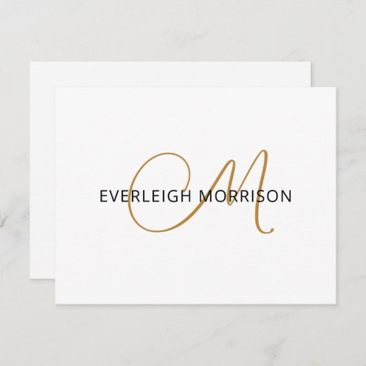 Elegant Gold Script Initial Black Name Monogram Mitteilungskarte (Vorne/Hinten)