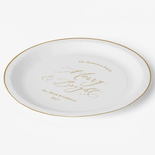 Elegant Gold Script “Merry & Bright” Christmas Pappteller (Schrägansicht)