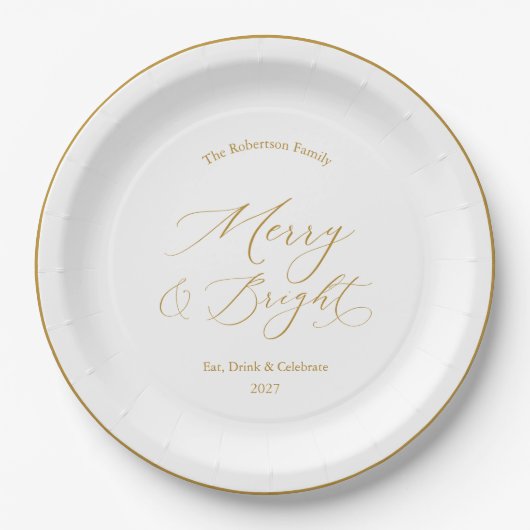 Elegant Gold Script “Merry & Bright” Christmas Pappteller (Vorderseite)