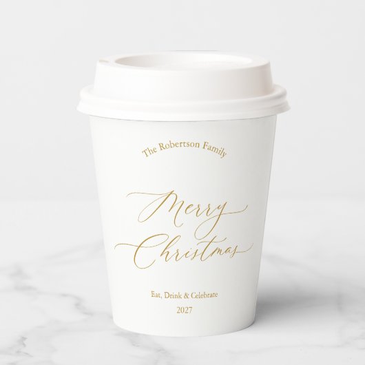 Elegant Gold Script “Merry Christmas” Pappbecher (Rückseite)