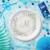 Elegant Gold Script Monogram Greenery Pappteller (Party)
