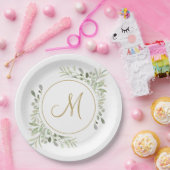 Elegant Gold Script Monogram Greenery Pappteller (Party)