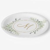 Elegant Gold Script Monogram Greenery Pappteller (Schrägansicht)