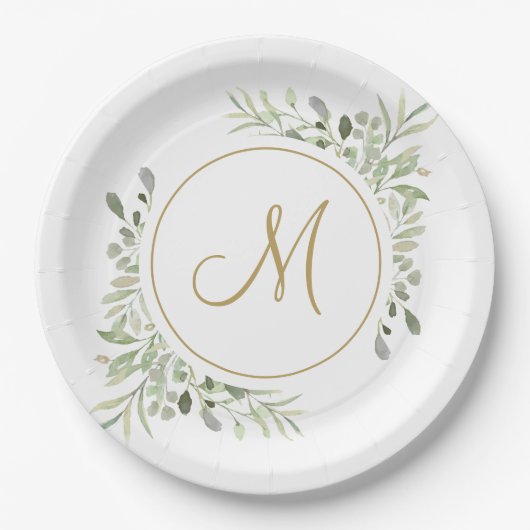 Elegant Gold Script Monogram Greenery Pappteller (Vorderseite)
