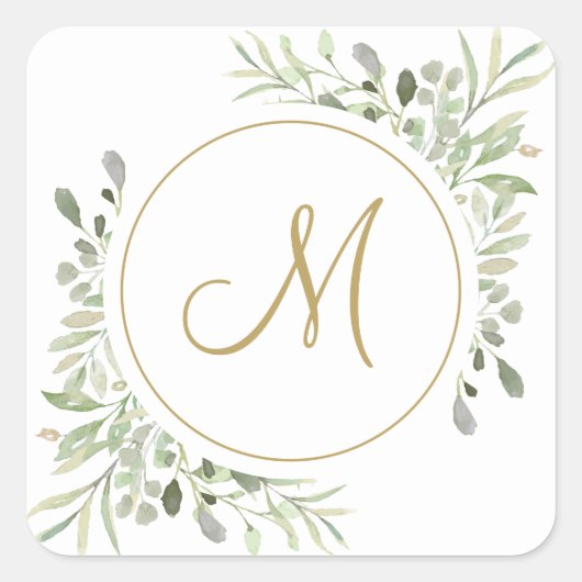 Elegant Gold Script Monogram Greenery Quadratischer Aufkleber (Vorderseite)