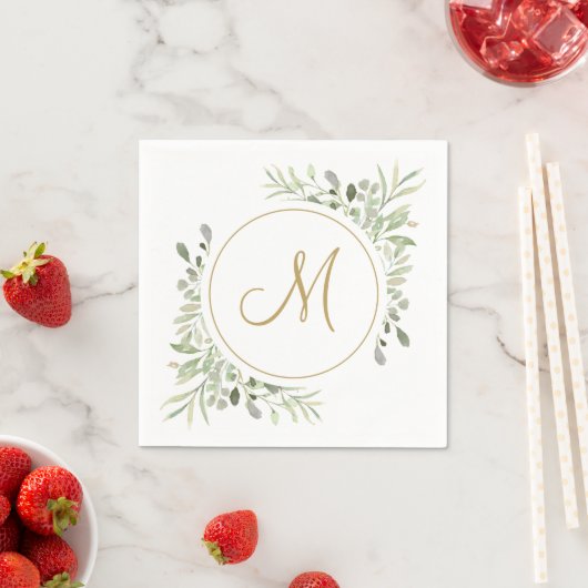 Elegant Gold Script Monogram Greenery Serviette (Beispiel)