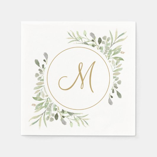 Elegant Gold Script Monogram Greenery Serviette (Vorderseite)
