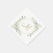 Elegant Gold Script Monogram Greenery Serviette (Ecke)