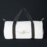 Elegant Gold Script Name Monogram Duffle Bag<br><div class="desc">A stylish gold script monogram duffel gym bag featuring a flowing signature style initial paired with a clean name layout. The simple gold lettering creates a polished look while keeping the design minimal and easy to read. A practical and personalized choice for travel, workouts, or everyday use, while helping identify...</div>