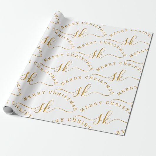 Elegant Gold Script Name Monogram Frohe Weihnachte Geschenkpapier (Ungerollt)
