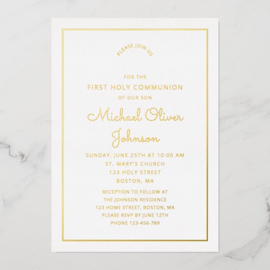 Elegant Gold Script Navy Blue First Communation Folieneinladung (Vorderseite)