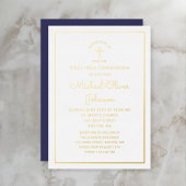 Elegant Gold Script Navy Blue First Communation Folieneinladung