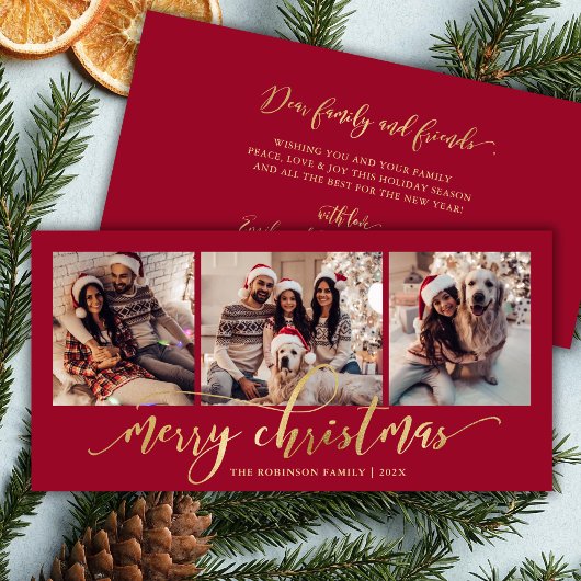 Elegant Gold Script Red 3 Photo Collage Christmas Feiertagskarte