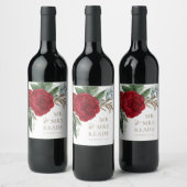 Elegant Gold Script Red Floral Mr & Mrs. Weinetikett (Flaschen)