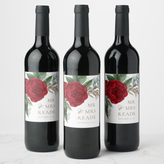 Elegant Gold Script Red Floral Mr & Mrs. Weinetikett (Flaschen)