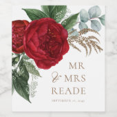 Elegant Gold Script Red Floral Mr & Mrs. Weinetikett (Einzelnes Label)