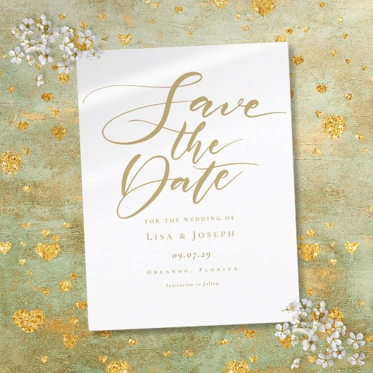 Elegant Gold Script Wedding Save the Date Ankündigungspostkarte