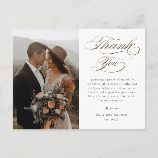 Elegant Gold Script Wedding Vielen Dank Postkarte (Vorderseite)