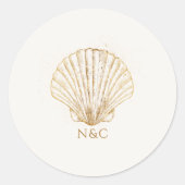 Elegant Gold Seashell Names Initials Wedding Runder Aufkleber (Vorderseite)