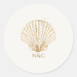 Elegant Gold Seashell Names Initials Wedding Runder Aufkleber