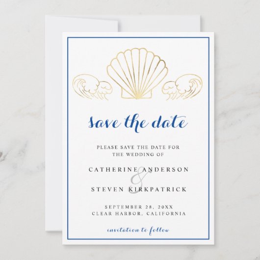 Elegant Gold Seashell Waves Wedding rettet das Dat Einladung (Vorderseite)