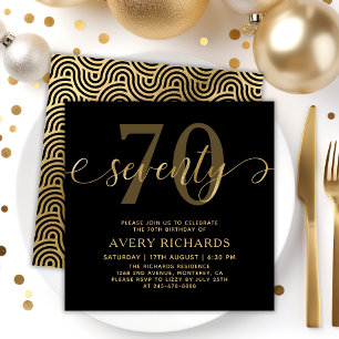 Elegant Gold Siebziges Script Black 70. Geburtstag Einladung