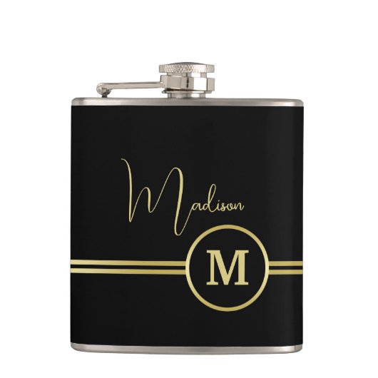 Elegant Gold Signature Monogram on Black Flachmann (Vorderseite)