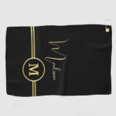 Elegant Gold Signature Monogram on Black Golfhandtuch (Horizontal)