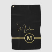 Elegant Gold Signature Monogram on Black Golfhandtuch (Vorderseite)