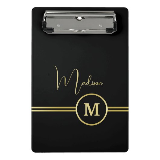 Elegant Gold Signature Monogram on Black Mini Klemmbrett (Vorderseite)