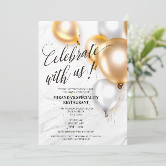 Elegant Gold Silver Balloons Grand Opening Einladung (Stehend Vorderseite)