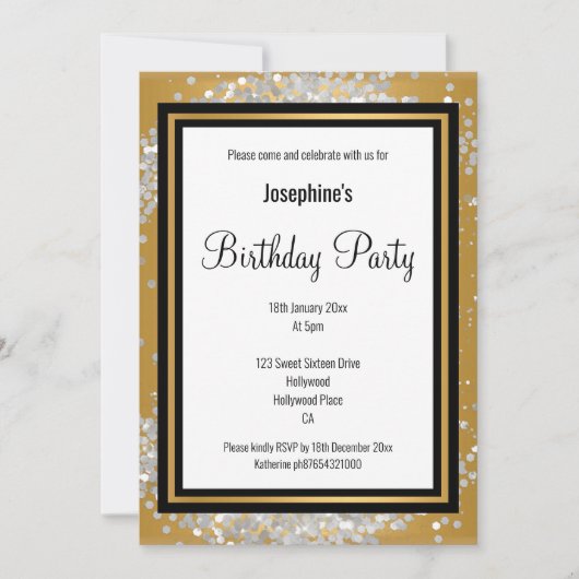 ELEGANT GOLD SILVER HOLOGRAPHIC BLACK BIRTHDAY EINLADUNG (Vorderseite)
