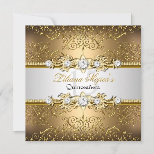 Elegant Gold Silver Swirl Damask Quinceanera Einladung (Vorderseite)