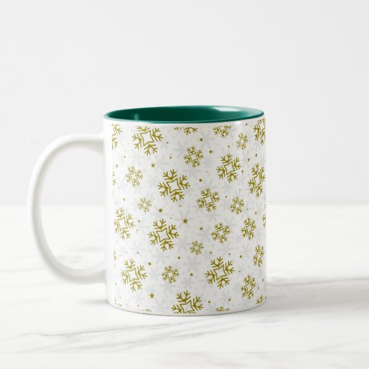 Elegant Gold Snowflake Winter Pattern Zweifarbige Tasse (Links)