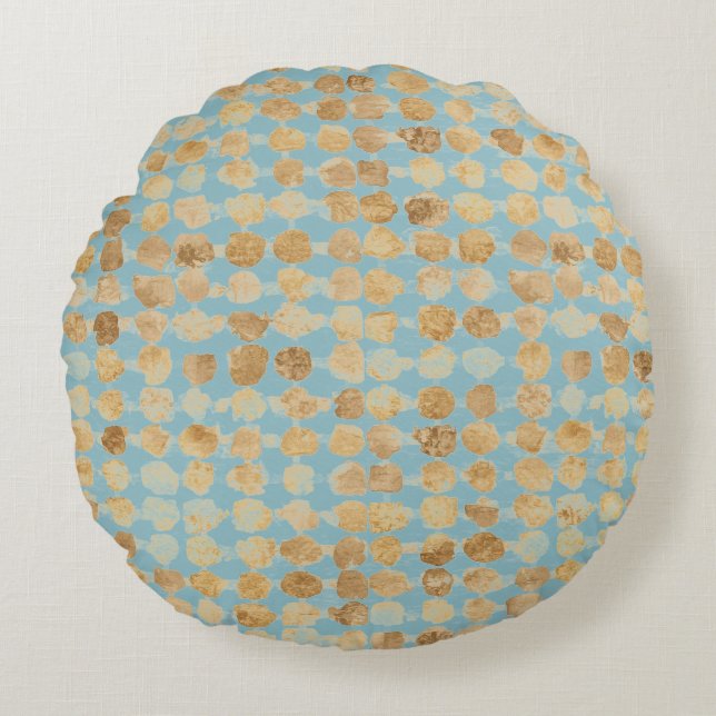 Elegant, Gold Soft Blue Polkadot Pattern Rundes Kissen (Vorderseite)