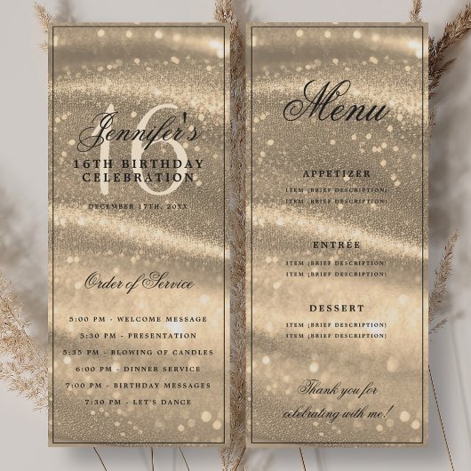 Elegant Gold Sparkle 16th Birthday Program Menu Einladung