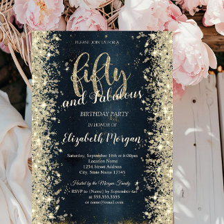 Elegant Gold Sparkle Dark Blue 50. Geburtstag Einladung
