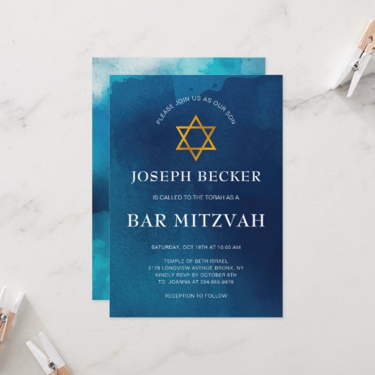 Elegant Gold Star von David Bar Mitzvah Einladung (Vorderseite/Rückseite Beispiel)